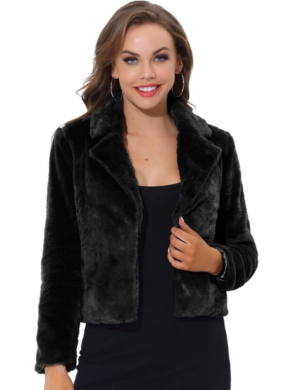 Cropped Faux Fur Jacket with Lapel - Stylish Winter Coat for Women, 2026 Outfit